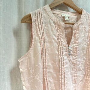St. Tropez West Women Pale Peach Embroidered Linen Sleeveless Tunic Top Large